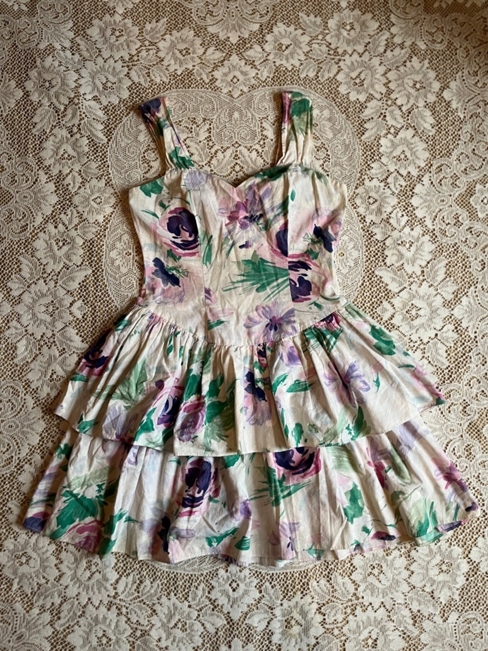 1980's City Triangles Floral Cotton Mini Dress, Pastel Green & Purple, Size 9